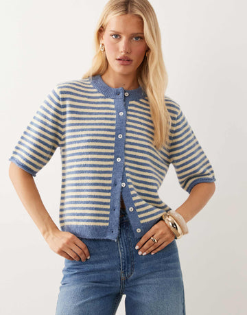 DESIGN lightweight relaxed short sleeve cardigan blue & buttermilk