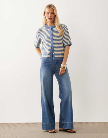 DESIGN lightweight relaxed short sleeve cardigan blue & buttermilk