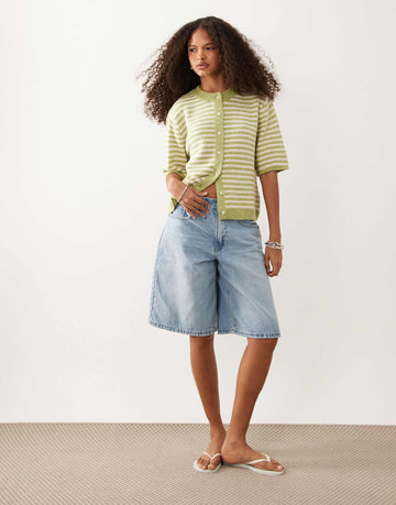 DESIGN lightweight relaxed short sleeve cardigan pistachio white stripe