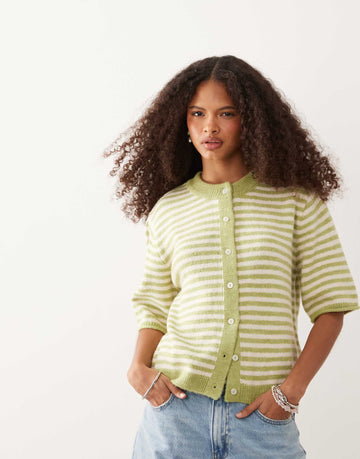 DESIGN lightweight relaxed short sleeve cardigan pistachio white stripe