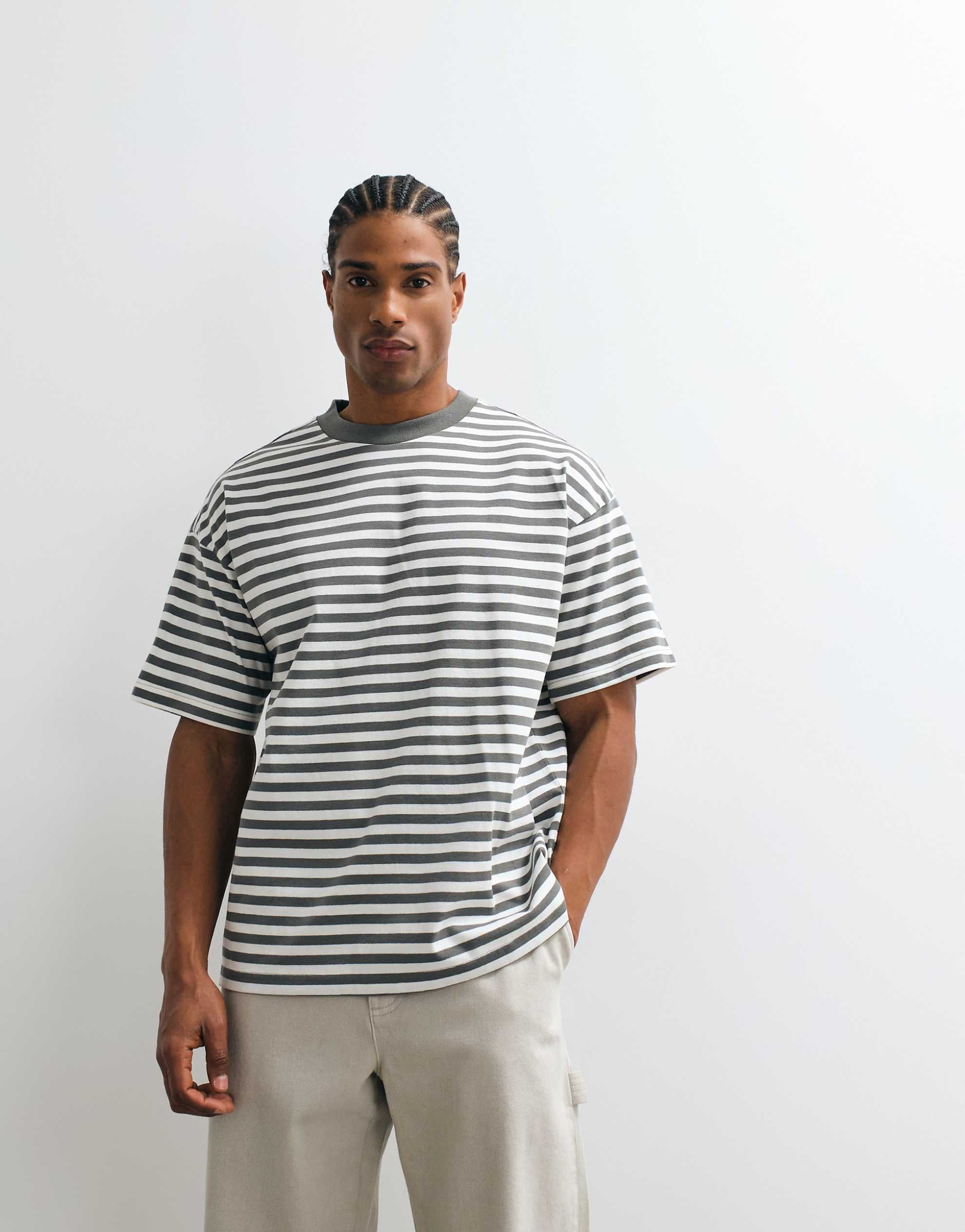 Weekday loose boxy oversized fit t-shirt khaki white stripe