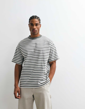 Weekday loose boxy oversized fit t-shirt khaki white stripe