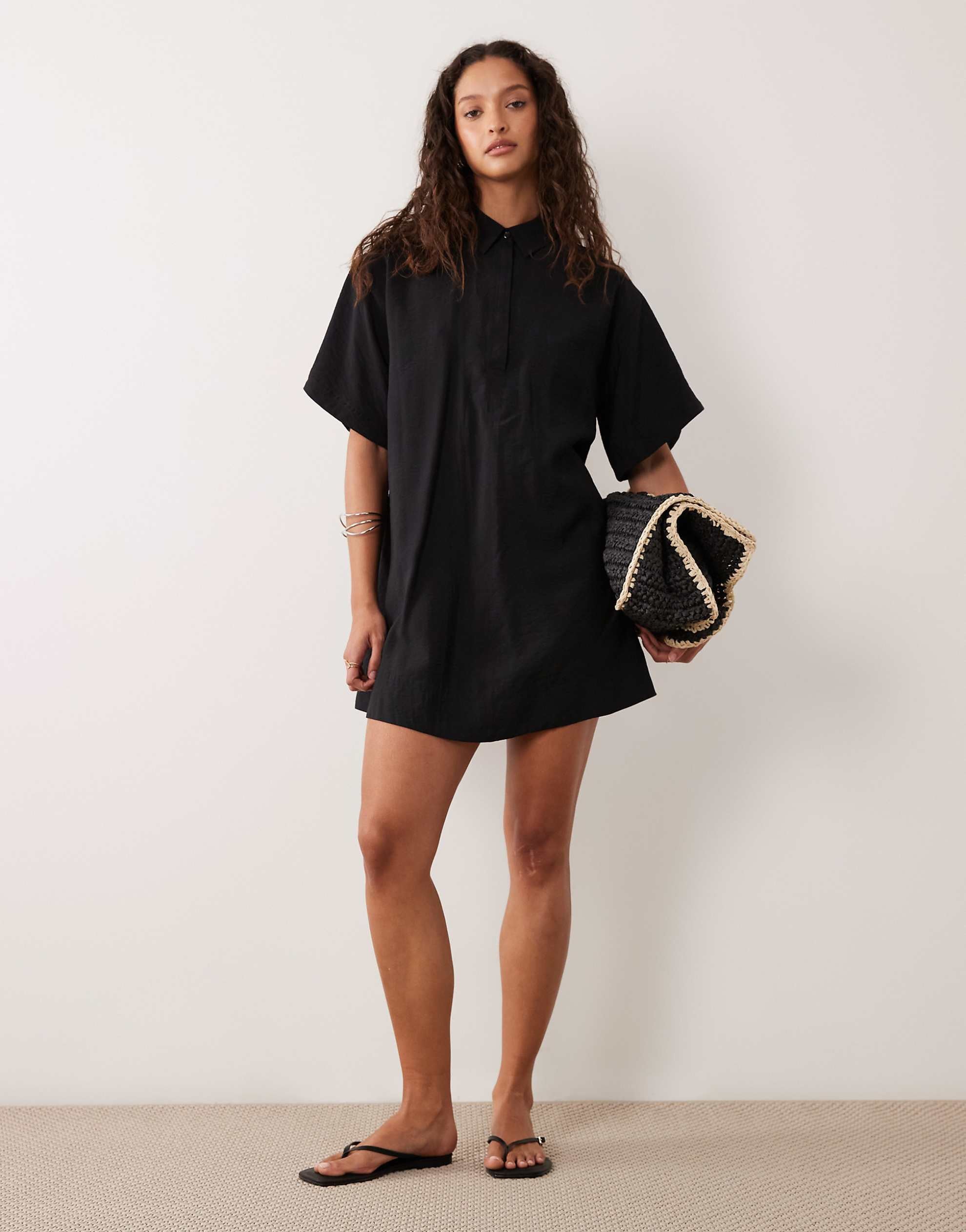 DESIGN techy fabric relaxed short sleeve mini dress black