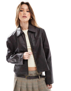 DESIGN leather look top collar jacket washed brown