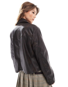 DESIGN leather look top collar jacket washed brown