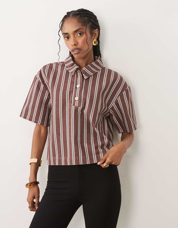 DESIGN boxy denim polo shirt brown stripe