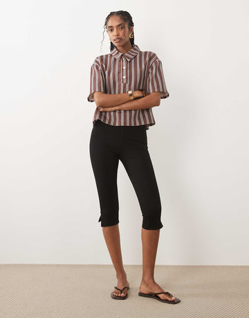 DESIGN boxy denim polo shirt brown stripe