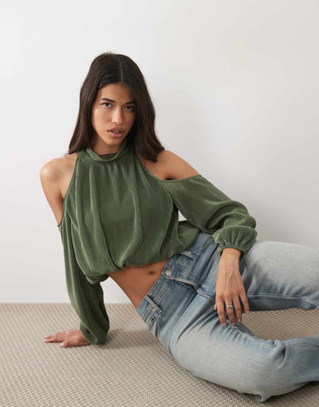 DESIGN cold shoulder plisse bubble top khaki