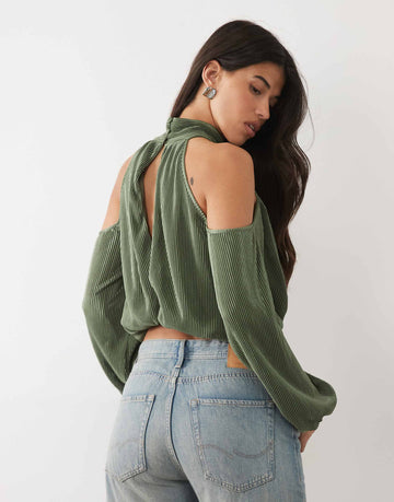 DESIGN cold shoulder plisse bubble top khaki