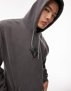 Topman oversized hoodie heart tattoo washed black