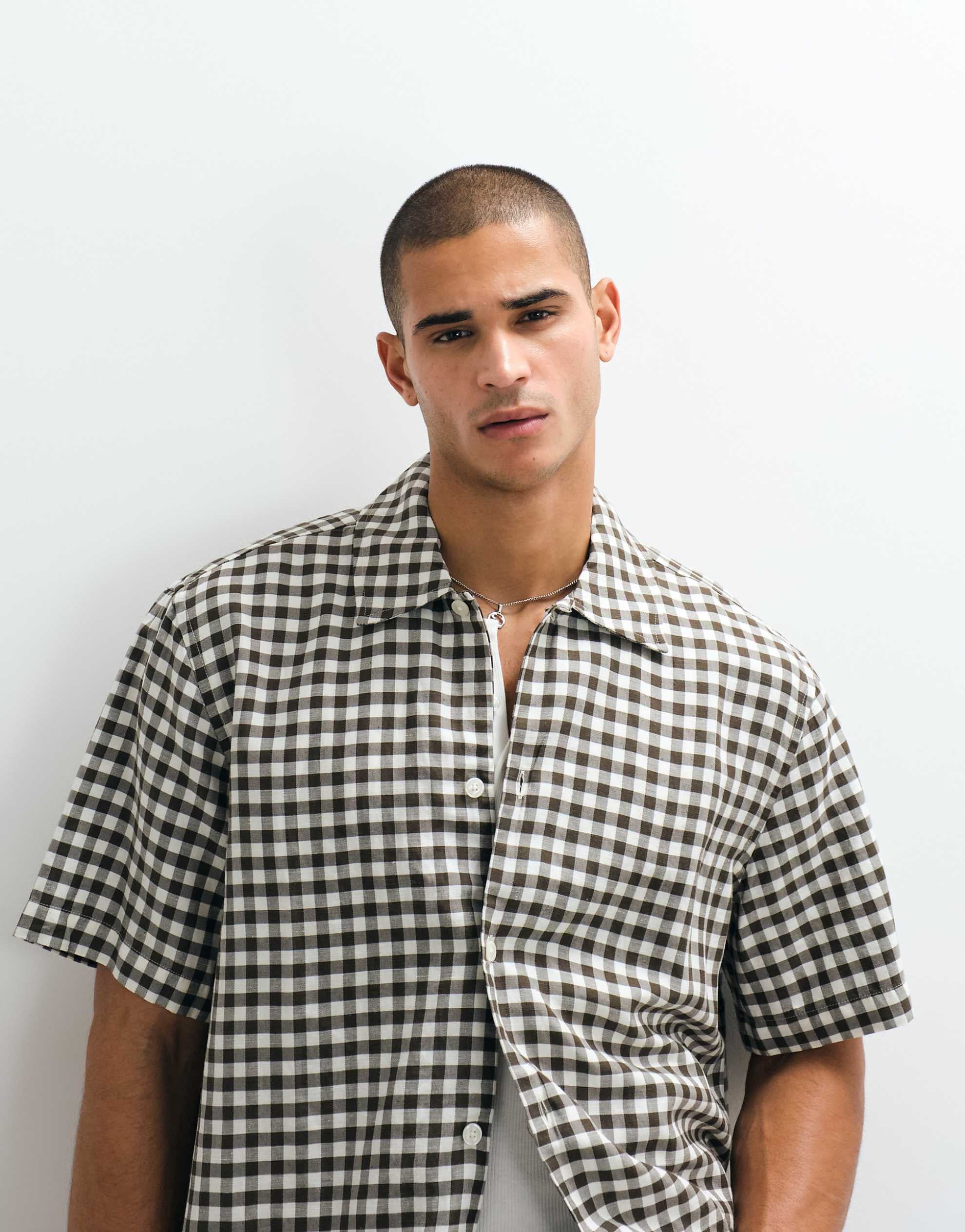 Selected linen blend short sleeve shirt brown check