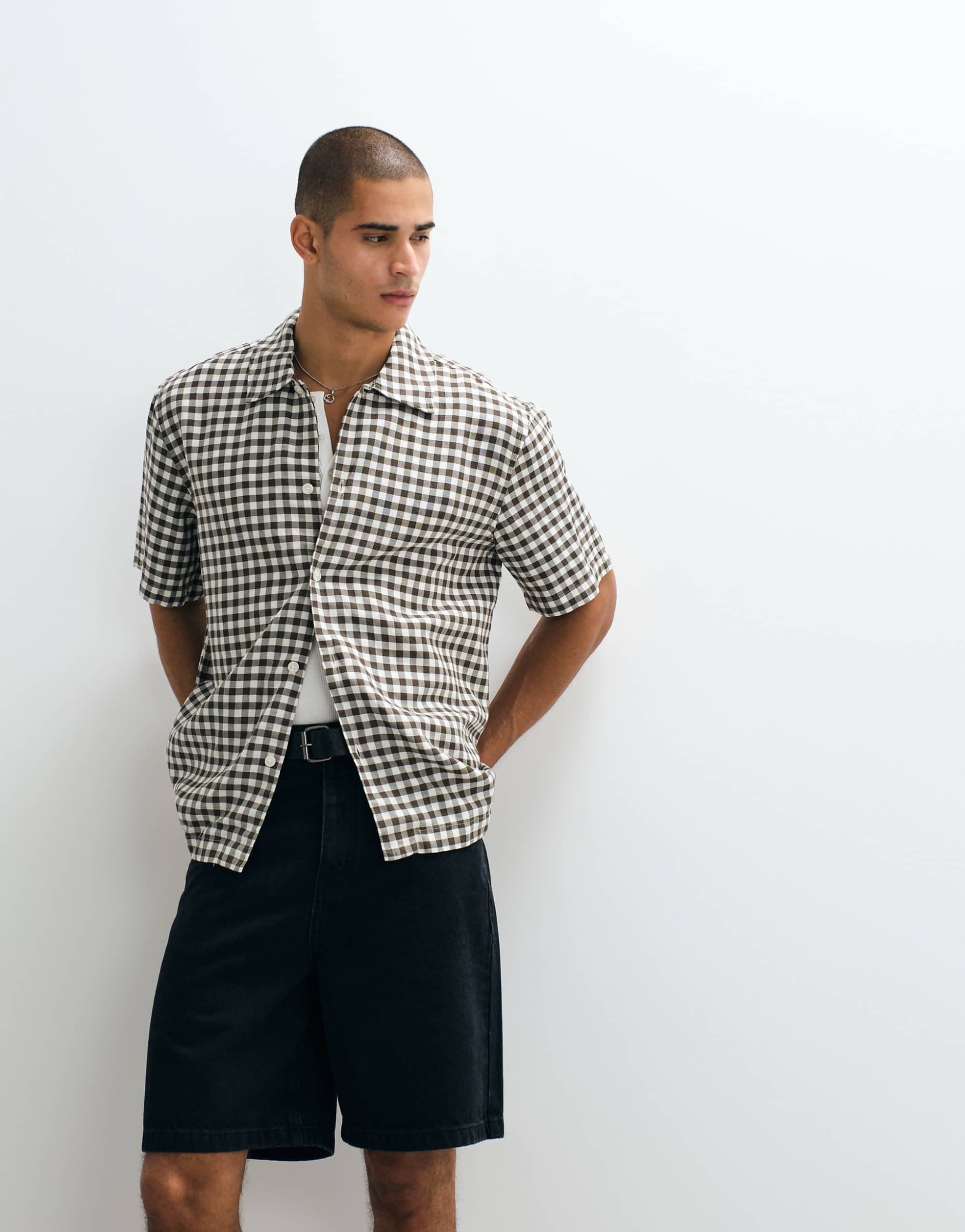 Selected linen blend short sleeve shirt brown check