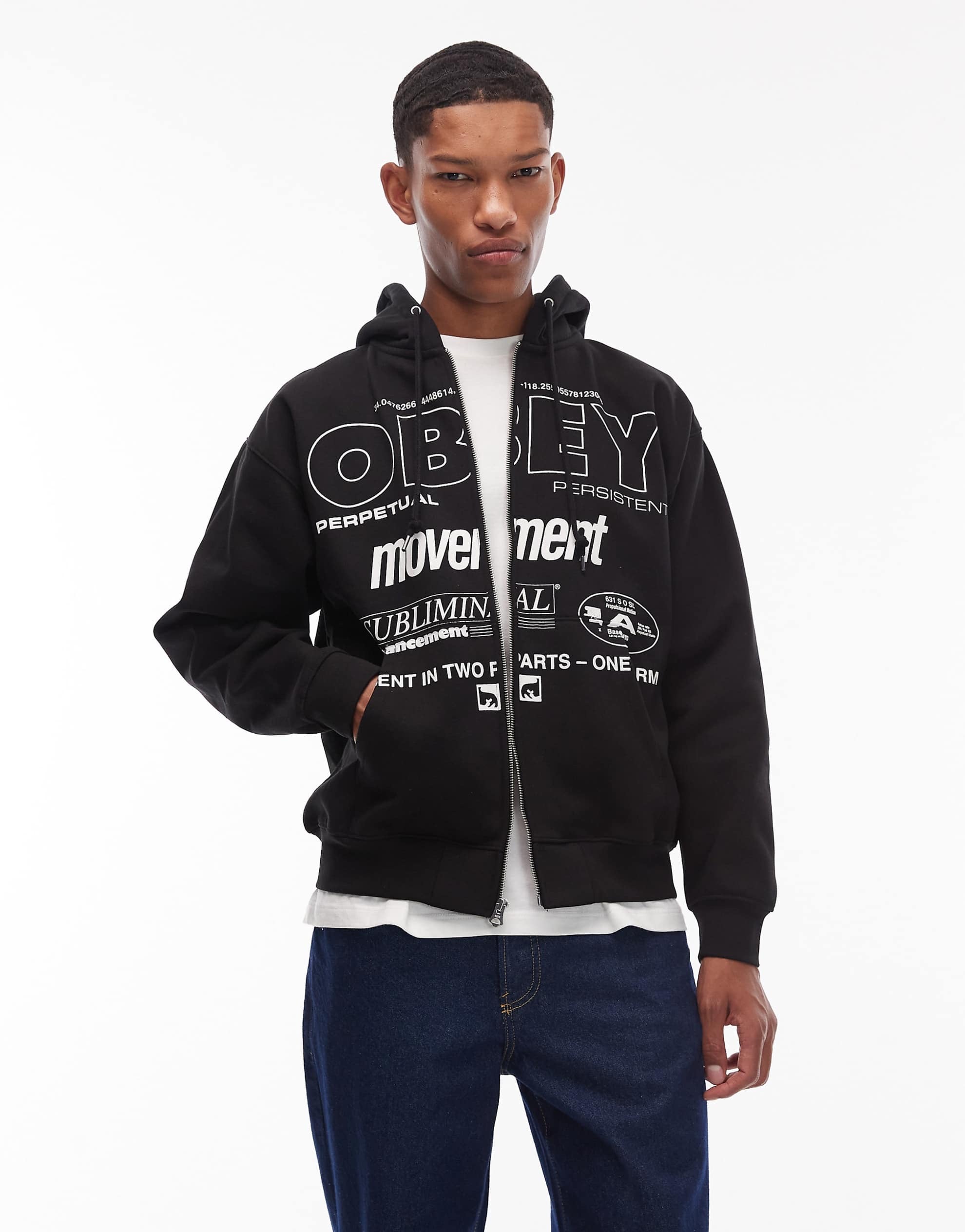 Obey persistent movement oversized zip through hoodie black