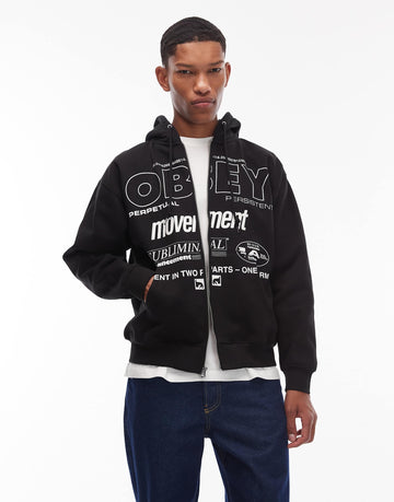 Obey persistent movement oversized zip through hoodie black