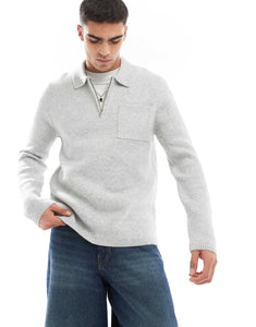 New Look brushed knit zip polo grey marl