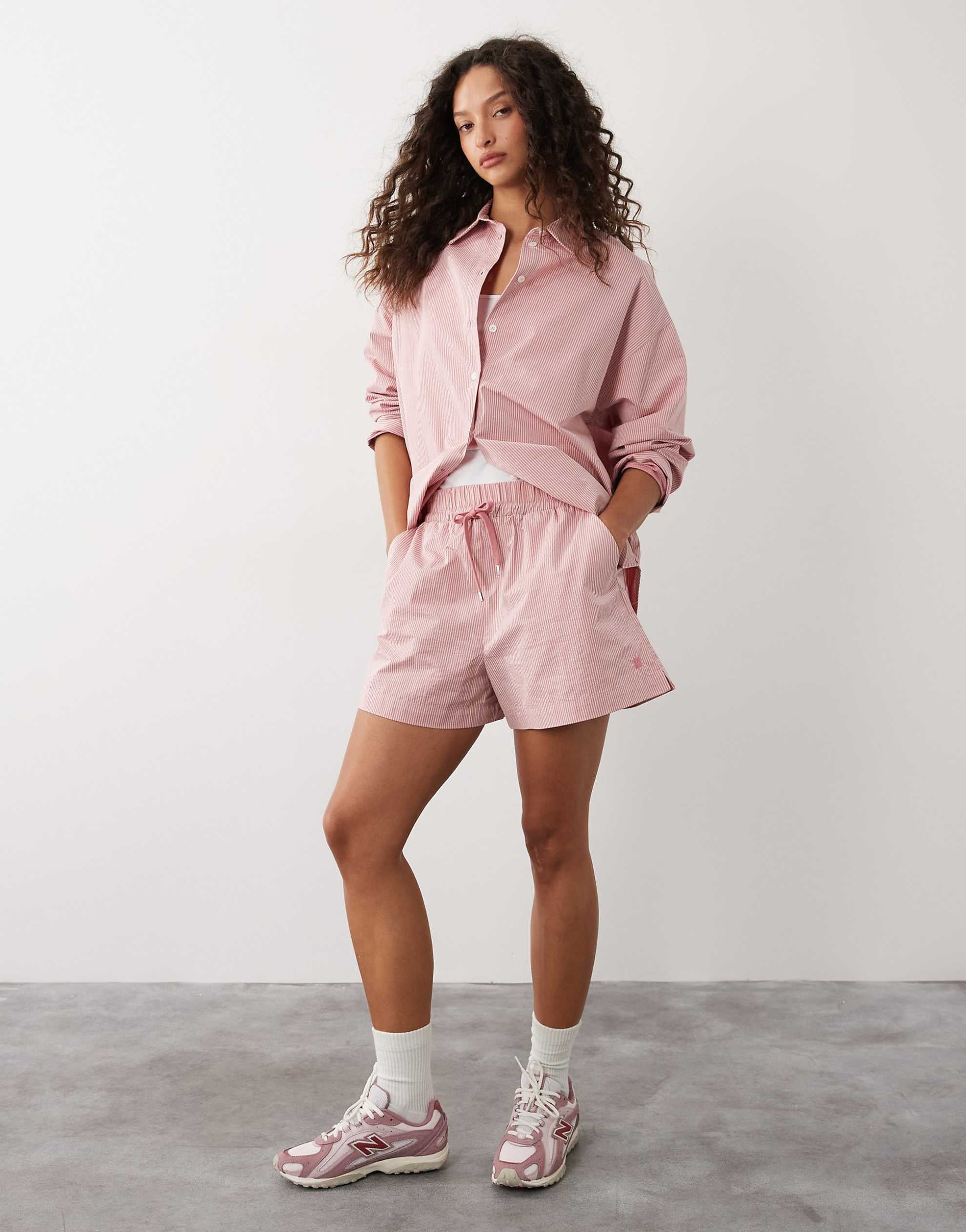 Sweaty Betty Summer Stripe Shirt set pink white stripe