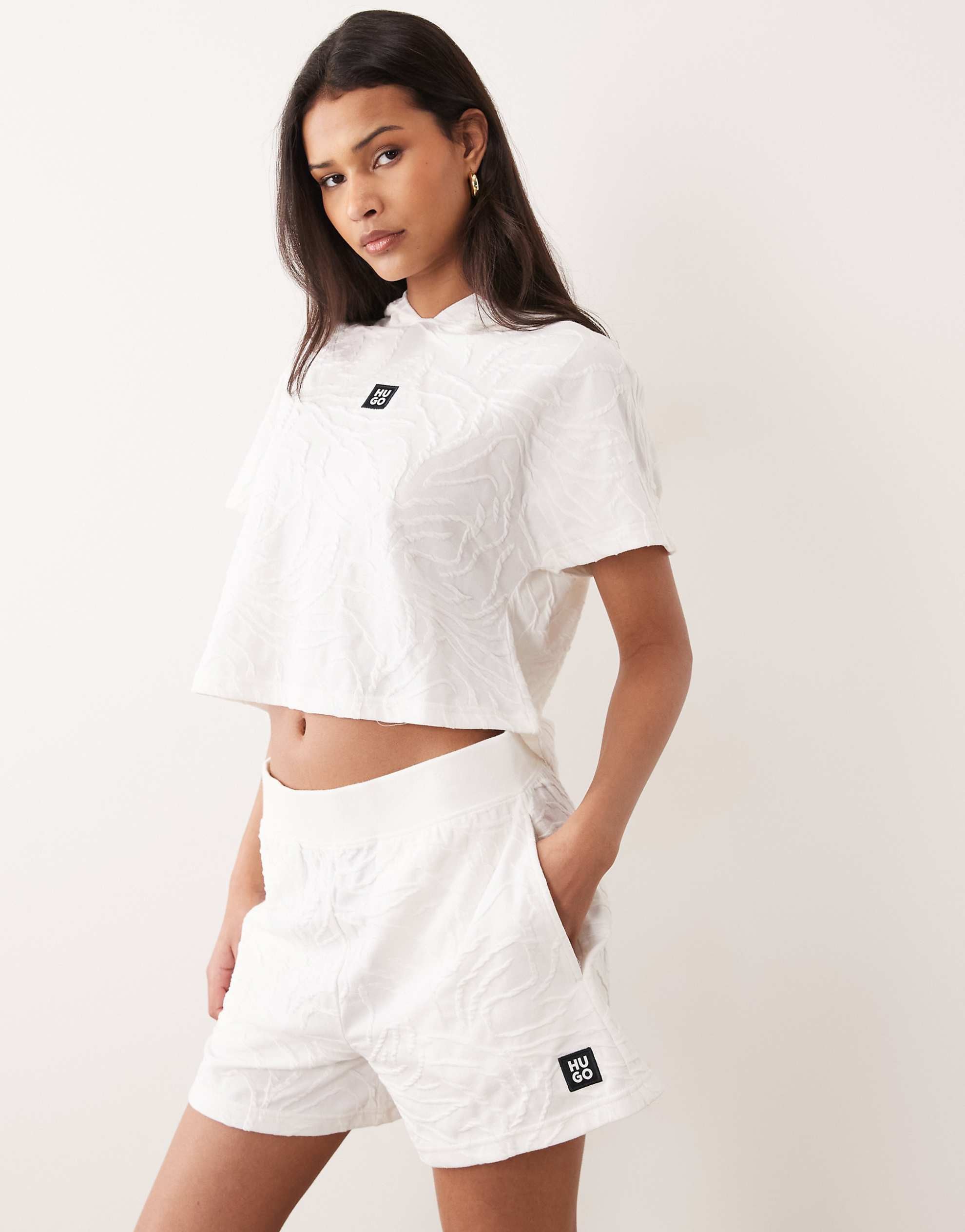 Hugo Red loungewear shorts hood co-ord white