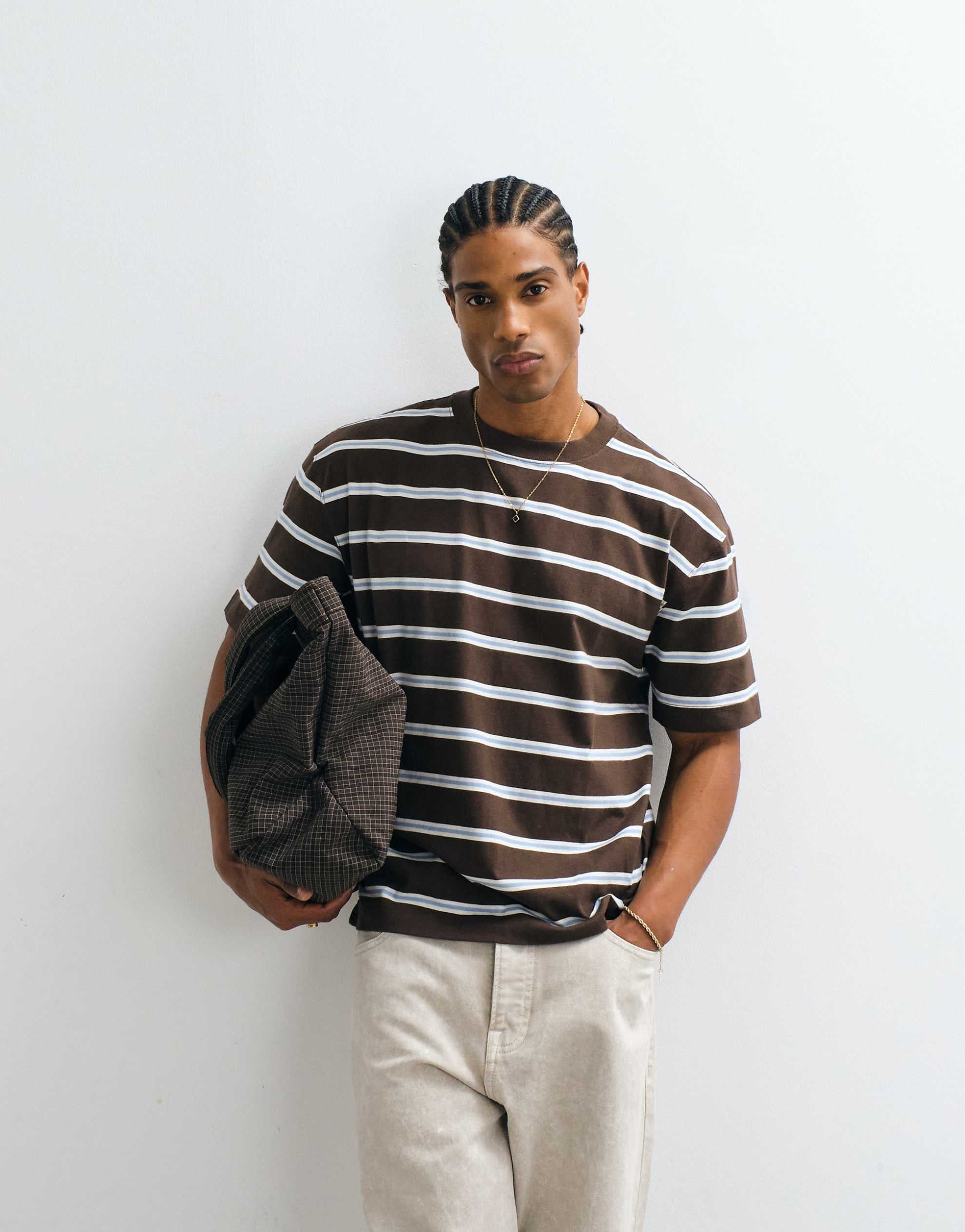 Hollister boxy heavyweight t-shirt brown blue stripe