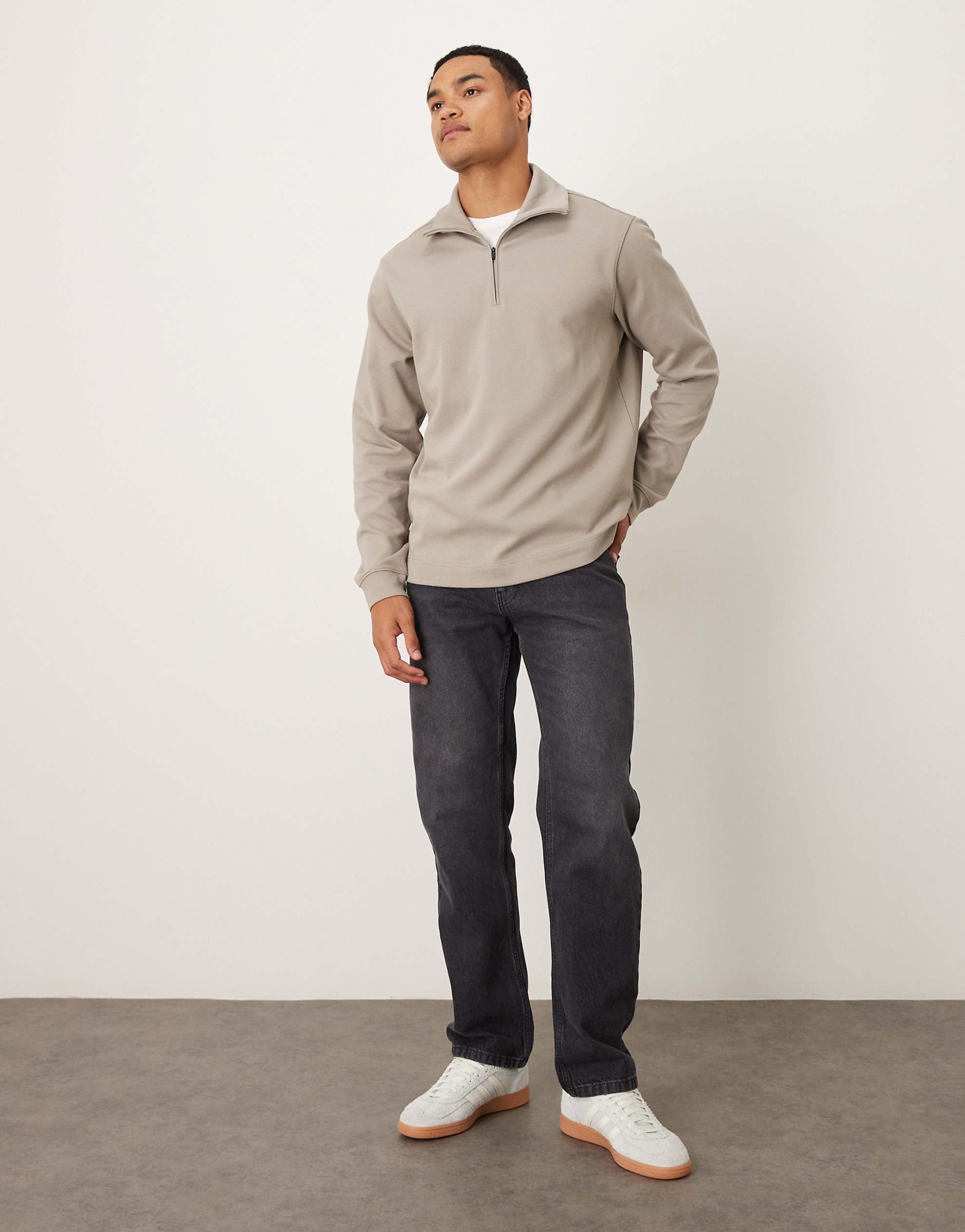 Mango cotton mix quarter zip top light grey