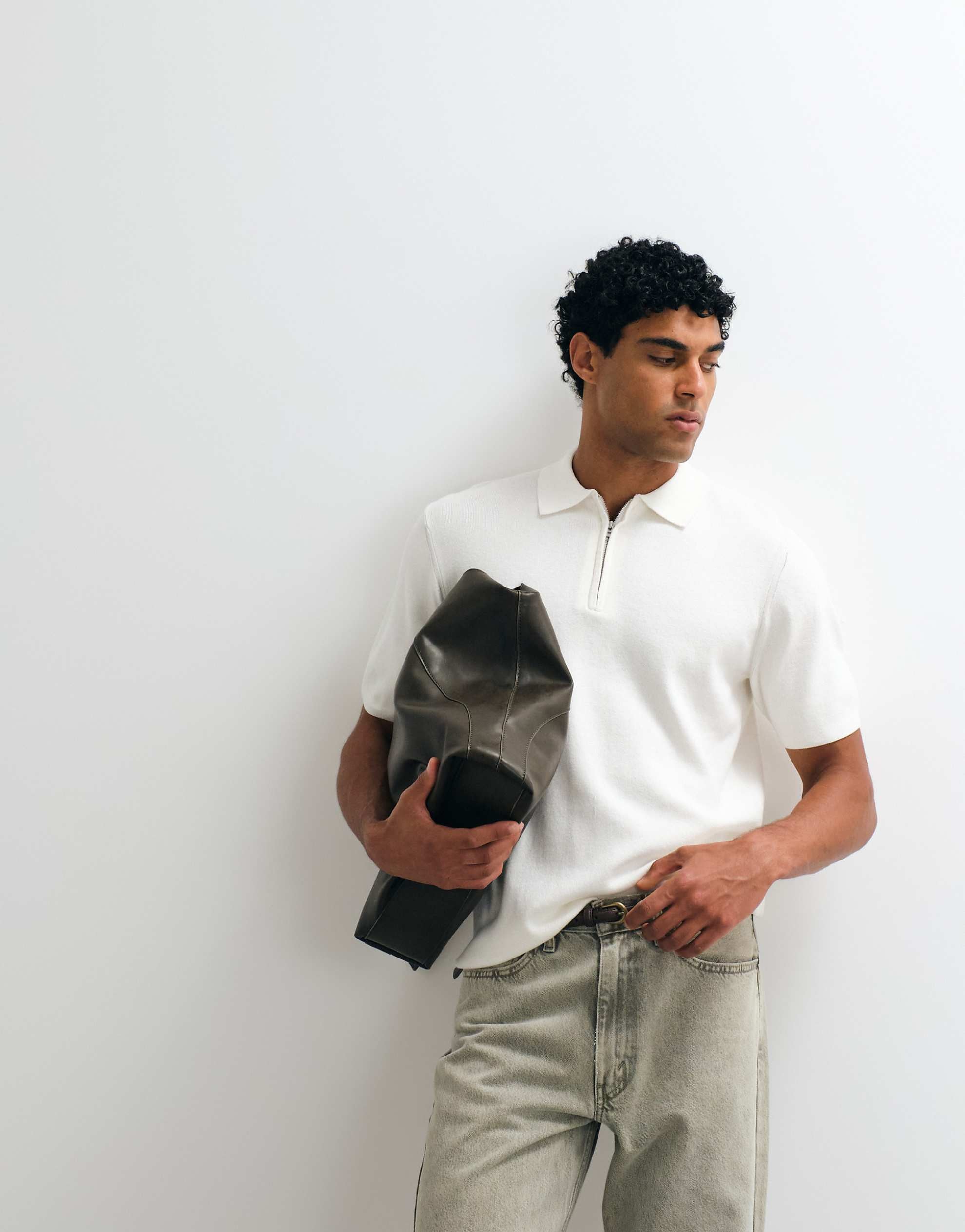 DESIGN Essential knitted cotton blend zip polo ecru