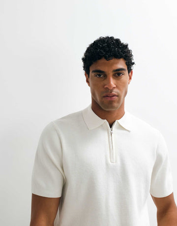 DESIGN Essential knitted cotton blend zip polo ecru