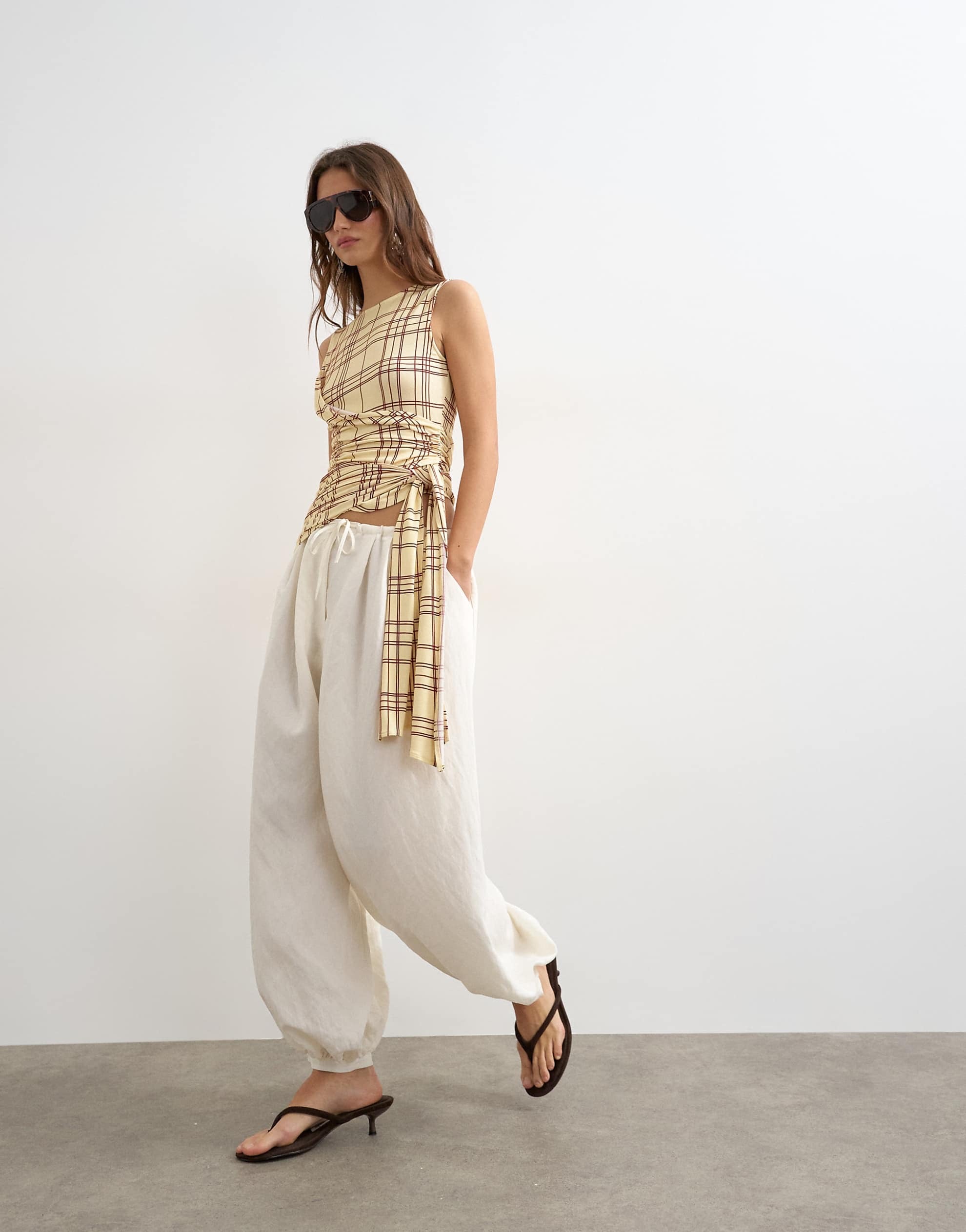 Drape tank with tie buttermilk