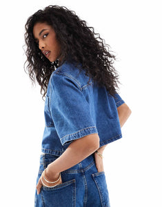 DESIGN denim crop shirt clean blue wash co-ord