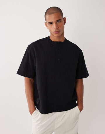 DESIGN boxy linen look overhead henley shirt black