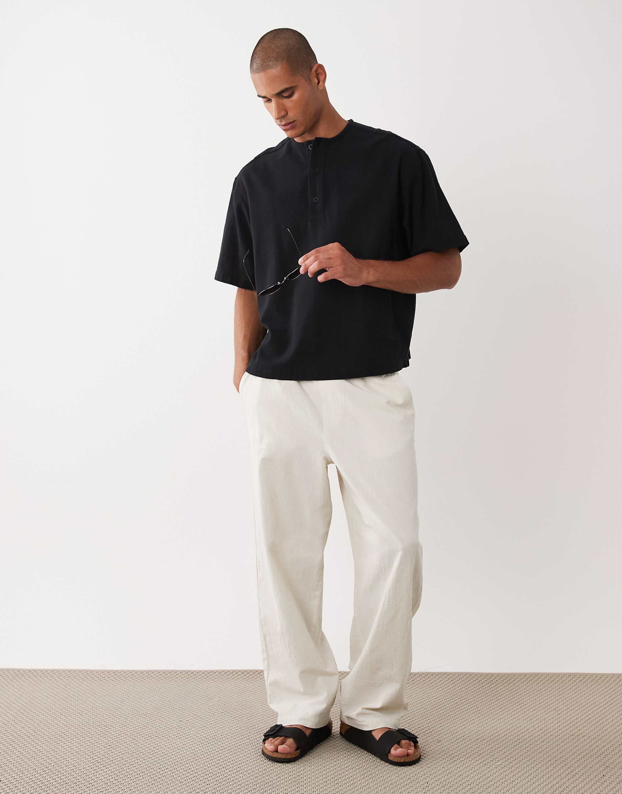 DESIGN boxy linen look overhead henley shirt black