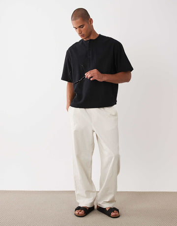 DESIGN boxy linen look overhead henley shirt black