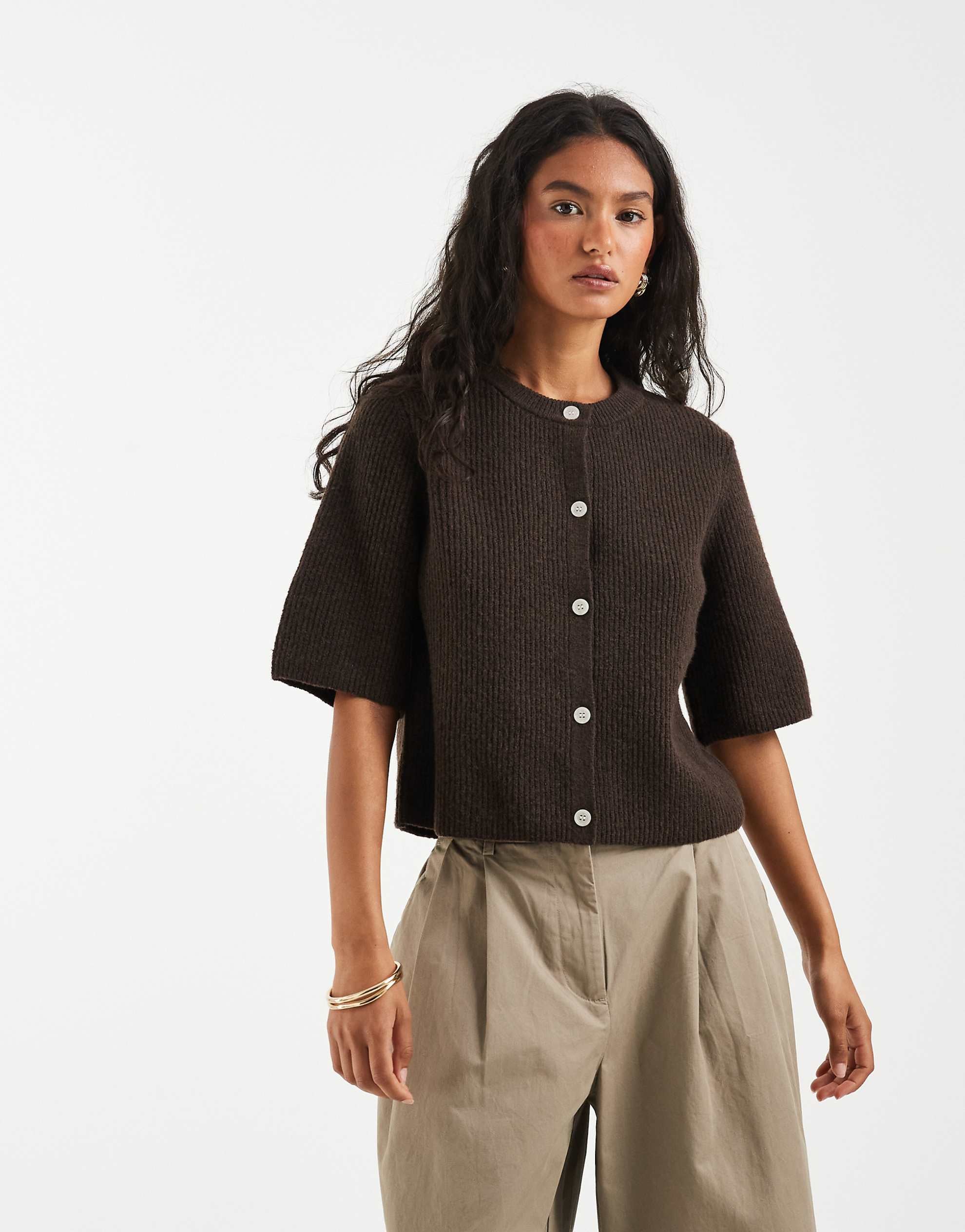 Pieces short sleeve boxy cardigan chocolate brown