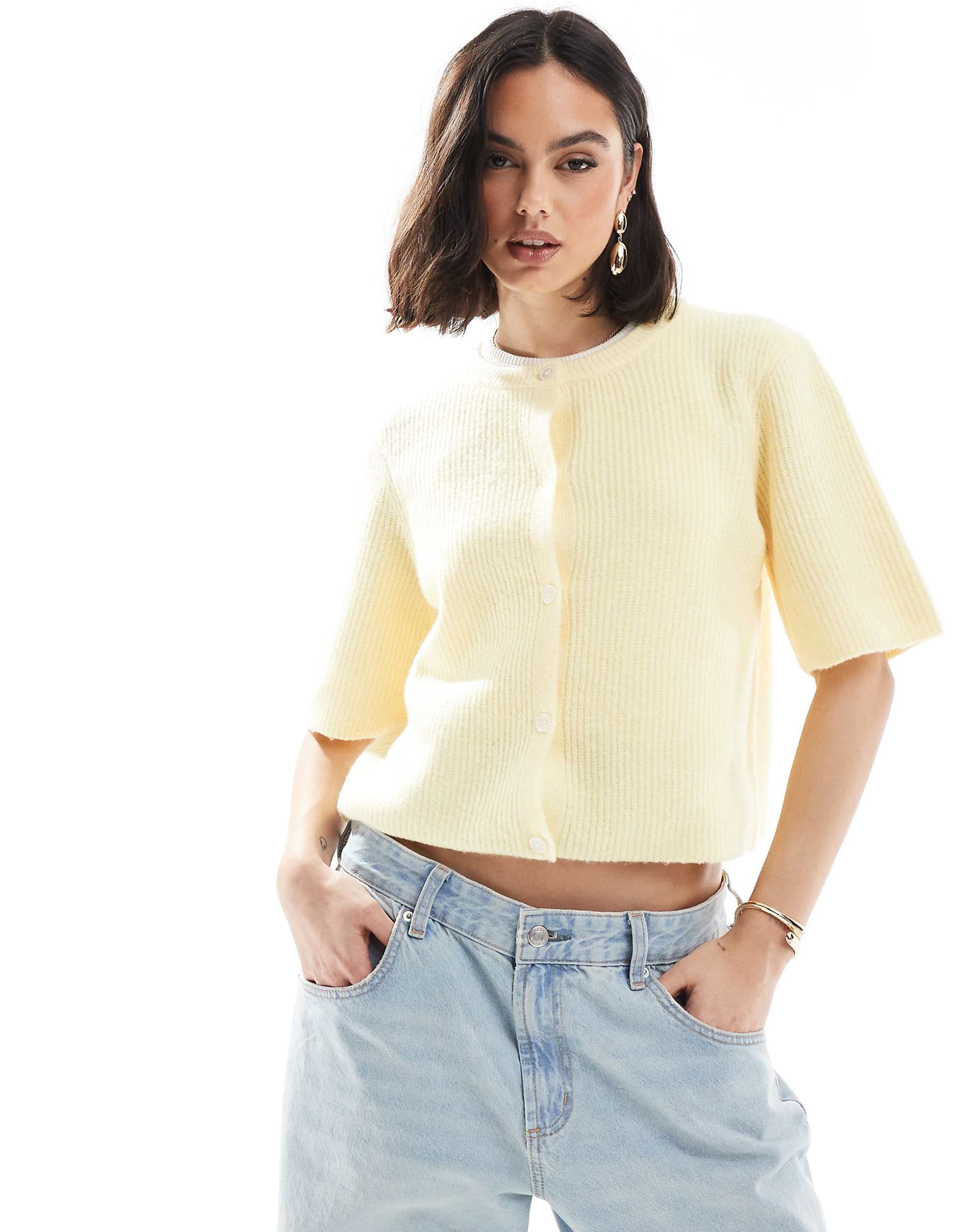 Pieces soft knit short sleeve cardigan pale banana