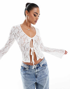 DESIGN textured lace tie front top ivory