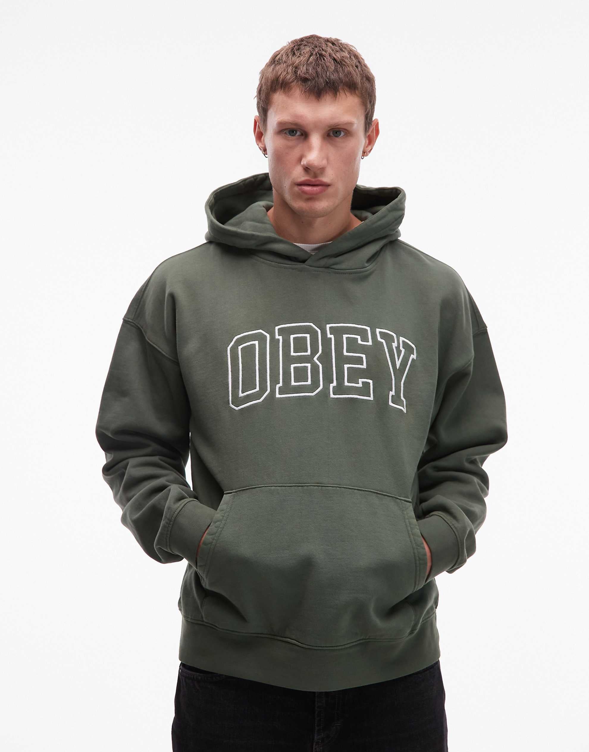 Obey collegiate faded pullover boxy hoodie khaki green