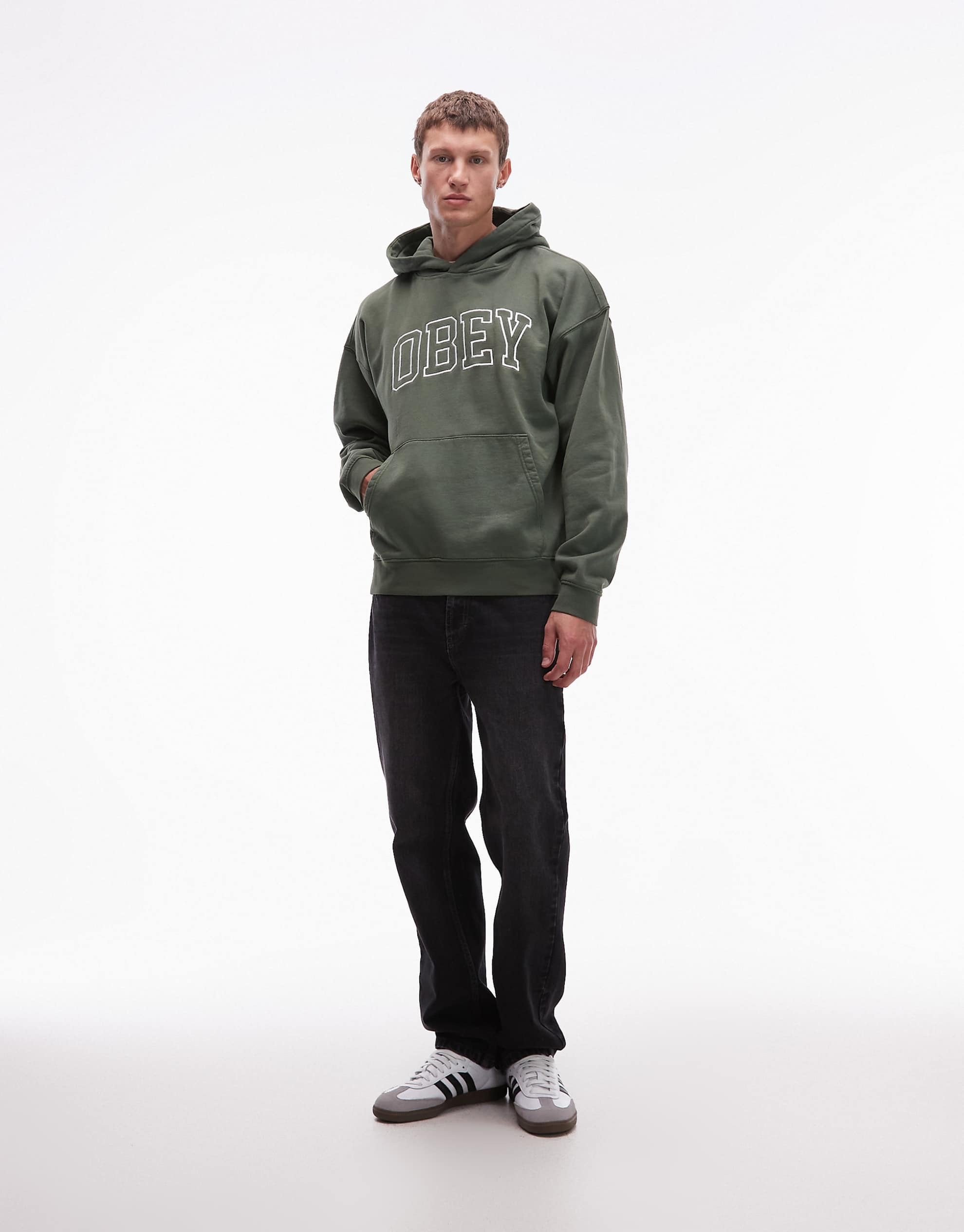 Obey collegiate faded pullover boxy hoodie khaki green