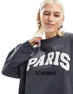 DESIGN oversized sweat paris graphic charcoal marl