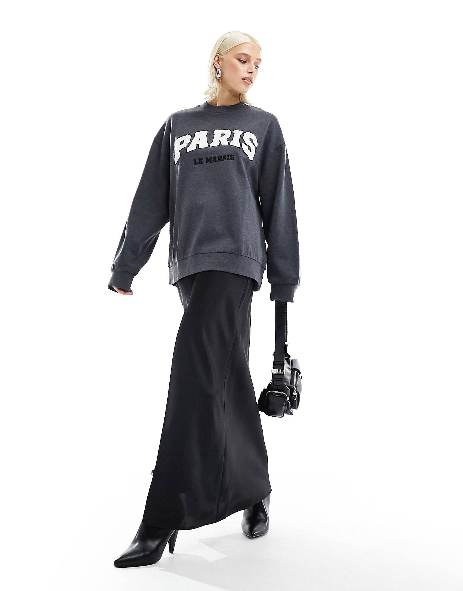 DESIGN oversized sweat paris graphic charcoal marl