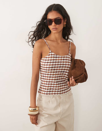 DESIGN crochet jersey cami top co-ord chocolate cream gingham