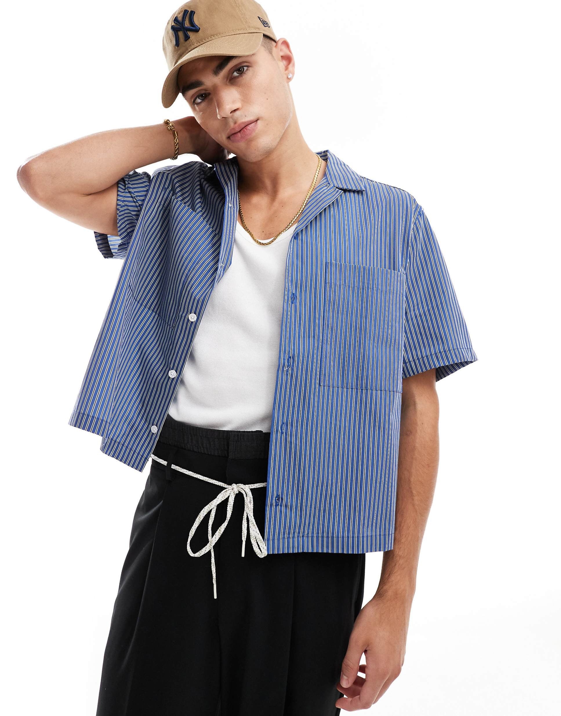 DESIGN relaxed boxy shirt with front pockets blue stripe