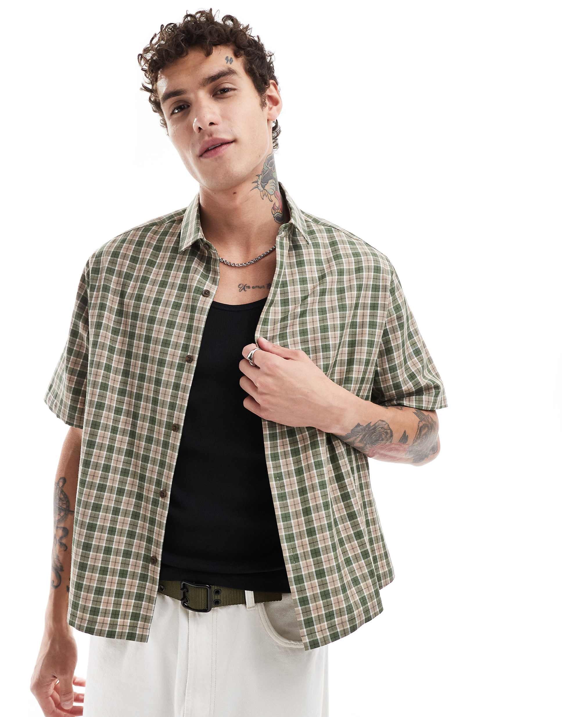 DESIGN boxy relaxed shirt stone olive dad check