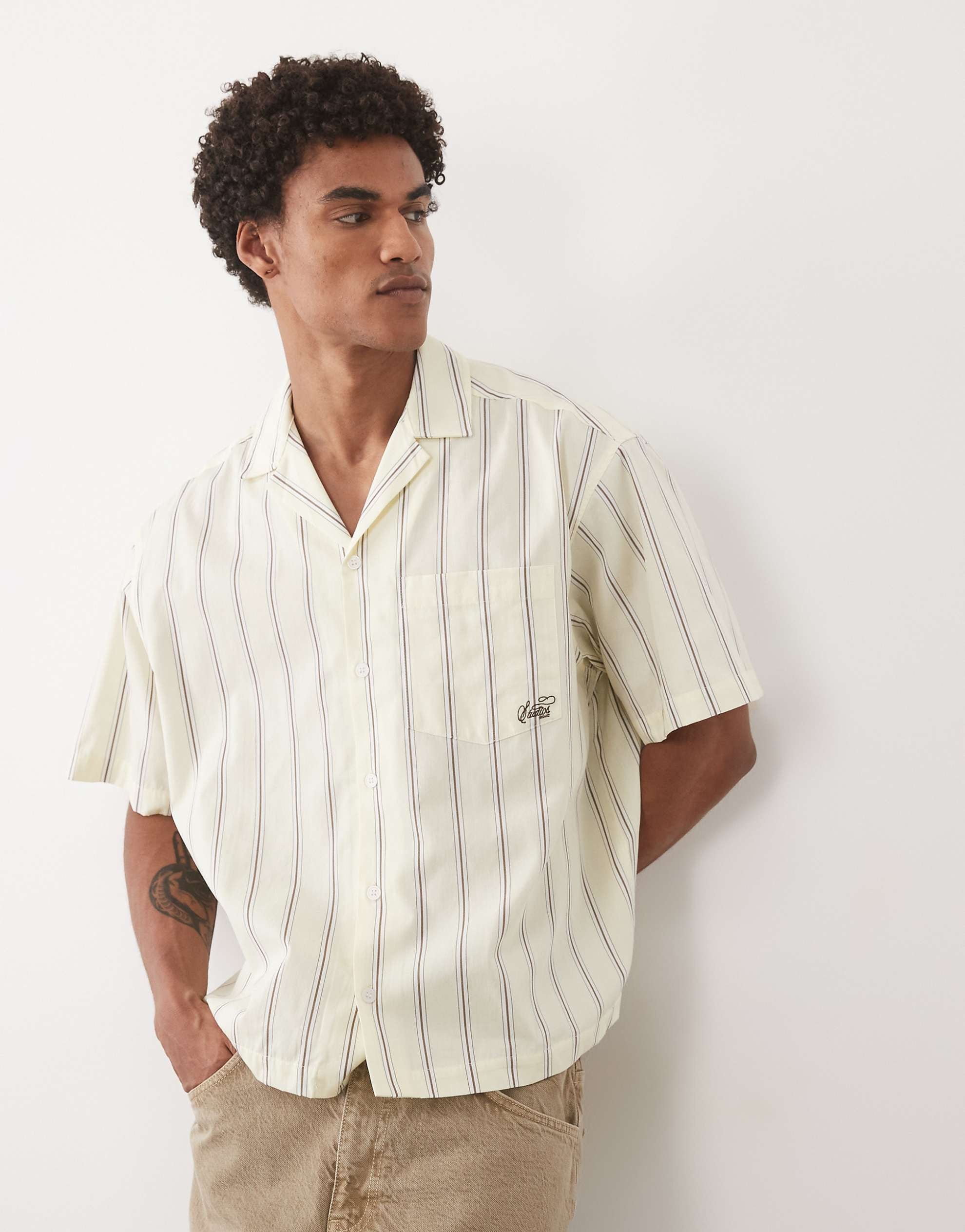 DESIGN boxy oversized stripe poplin revere shirt embroidery yellow