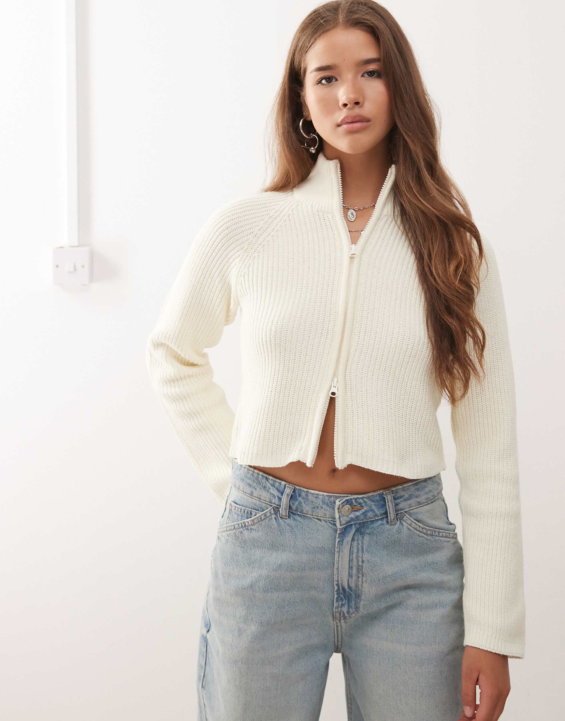 Noisy May high neck full zip through cardigan cream