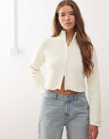 Noisy May high neck full zip through cardigan cream
