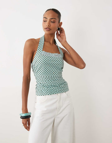 DESIGN printed mesh ruched halter top lace detail blue