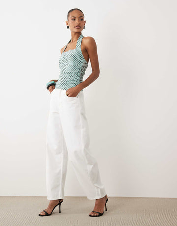 DESIGN printed mesh ruched halter top lace detail blue