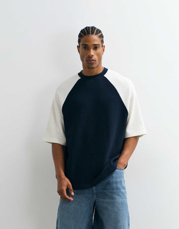 DESIGN oversized t-shirt contrast raglan navy waffle.