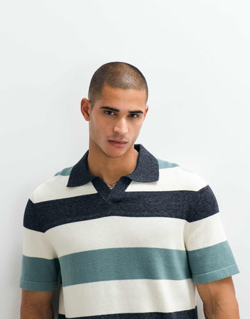 ARKET pure cotton soft short sleeve polo blue stripe.