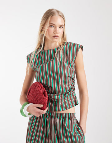 DESIGN cotton nylon blend pull on balloon trousers green chocolate stripe