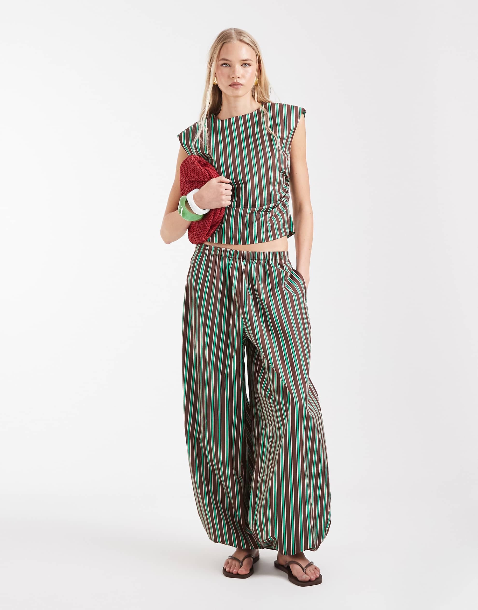 DESIGN cotton nylon blend pull on balloon trousers green chocolate stripe