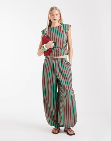 DESIGN cotton nylon blend pull on balloon trousers green chocolate stripe